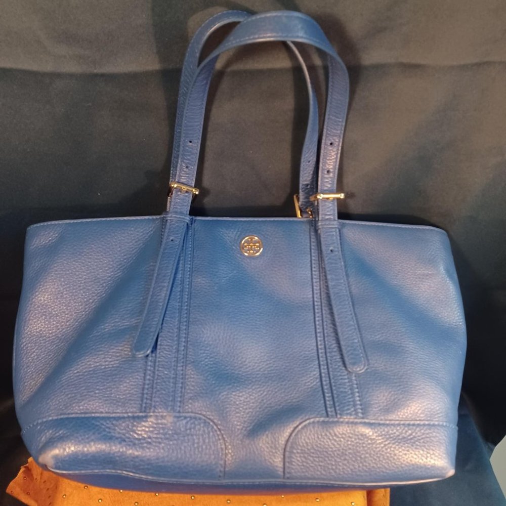 Tory Burch York Saddle Buckle Handles Purse Royal Blue Tote.